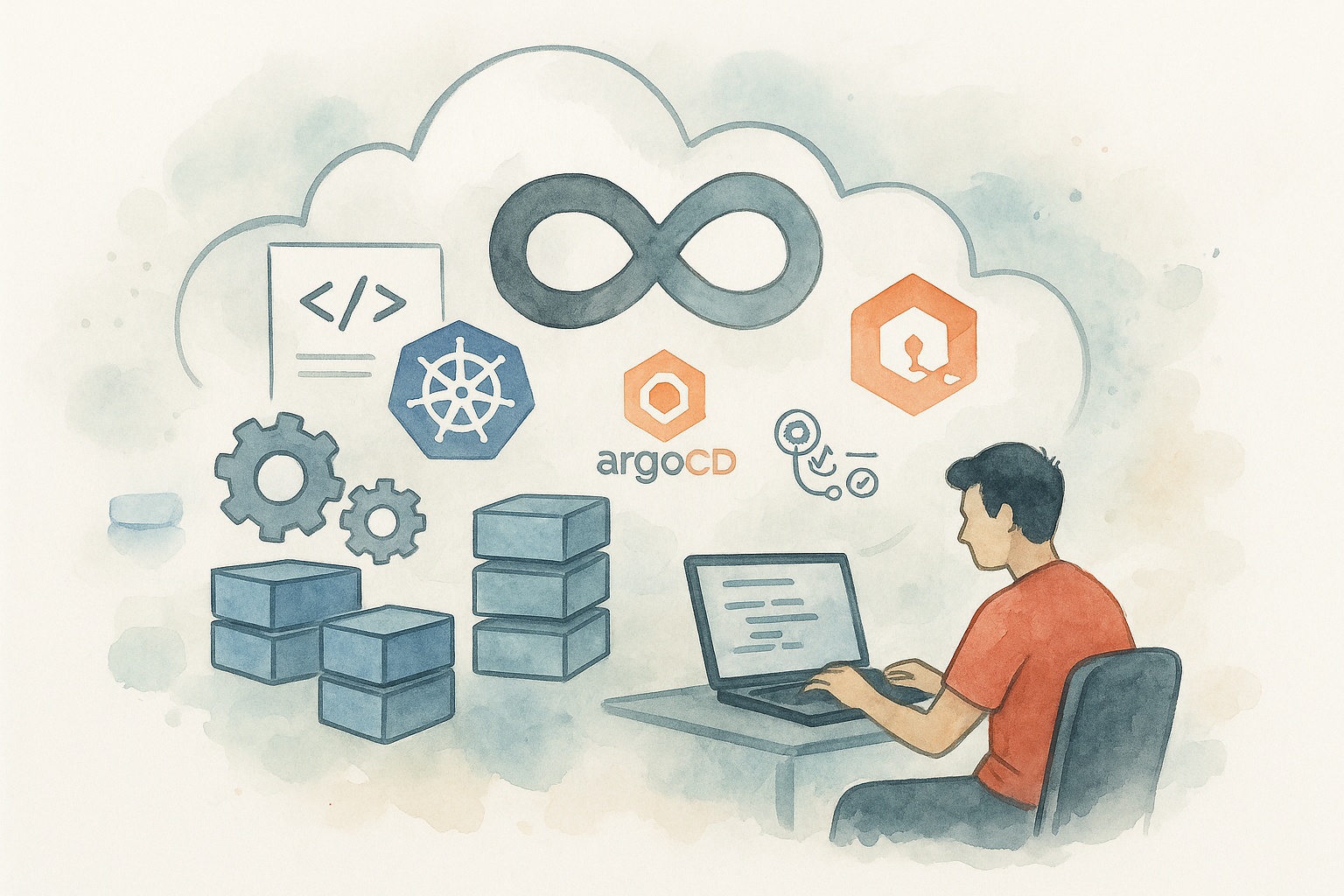 Illustration of a developer managing cloud infrastructure